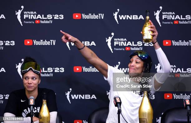 Alysha Clark and A'ja Wilson of the Las Vegas Aces speak in a press conference after defeating the New York Liberty during Game Four of the 2023 WNBA...