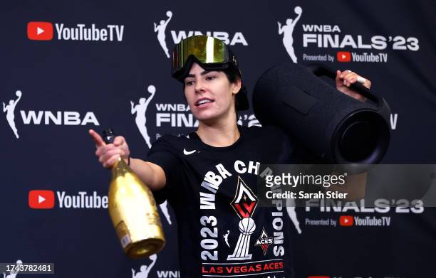 Kelsey Plum of the Las Vegas Aces speaks in a press conference after defeating the New York Liberty during Game Four of the 2023 WNBA Finals at...