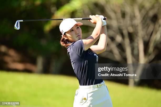 Rio Ishii of Japan hits her tee shot on the 7th hole during the first round of NOBUTA Group Masters GC Ladies at Masters Golf Club on October 19,...