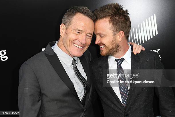 Actors Bryan Cranston and Aaron Paul arrive as AMC Celebrates the final episodes of 'Breaking Bad' at Sony Pictures Studios on July 24, 2013 in...