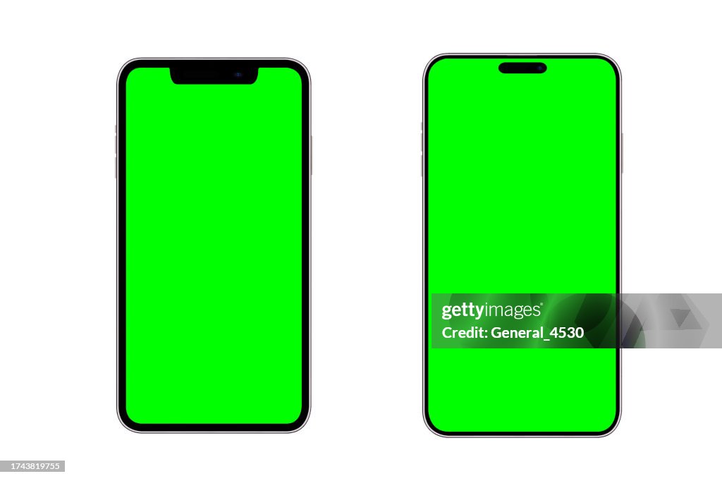 Set mobile phone isolated mockup with green screen isolated on white background.