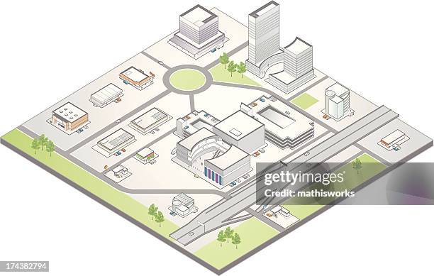 ilustrações, clipart, desenhos animados e ícones de isometric mapa de um distrito comercial suburbano - overpass road