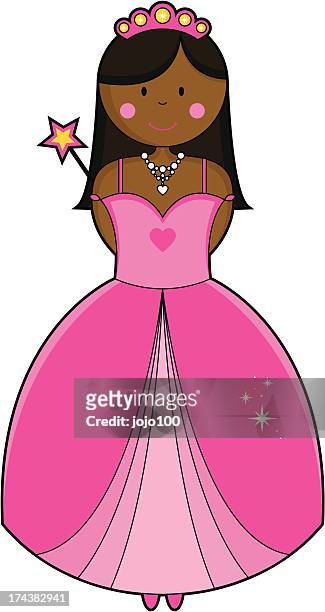 stockillustraties, clipart, cartoons en iconen met cute black princess girl in ball gown dress with wand. - rode wangen