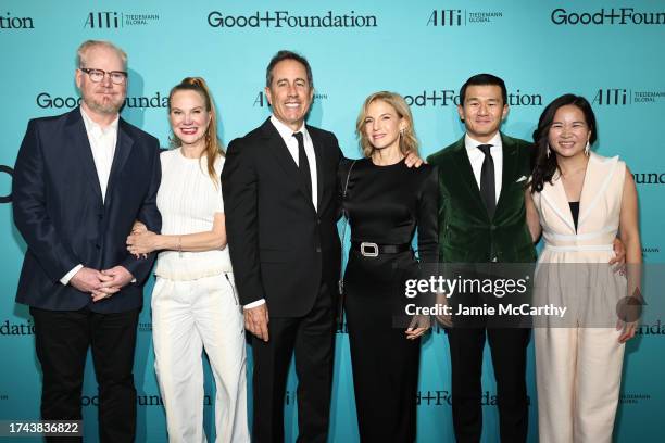 Jim Gaffigan, Jeannie Gaffigan, Jerry Seinfeld, Jessica Seinfeld, Ronny Chieng, and Hannah Pham attend the 2023 Good+Foundation “A Very Good+ Night...