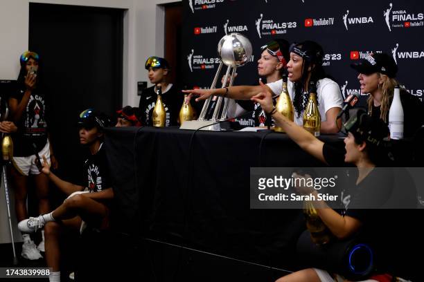 Ja Wilson of the Las Vegas Aces speaks in a press conference after defeating the New York Liberty during Game Four of the 2023 WNBA Finals at...