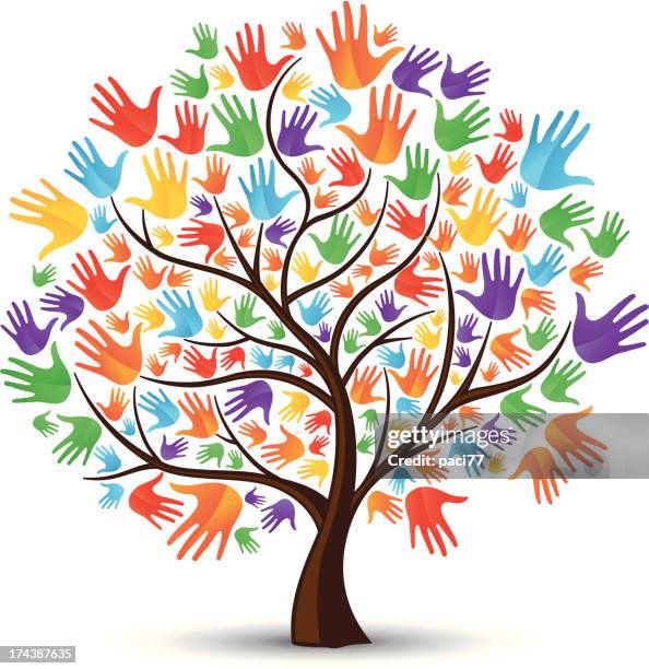 stockillustraties, clipart, cartoons en iconen met tree hands coloured - multi ethnic group