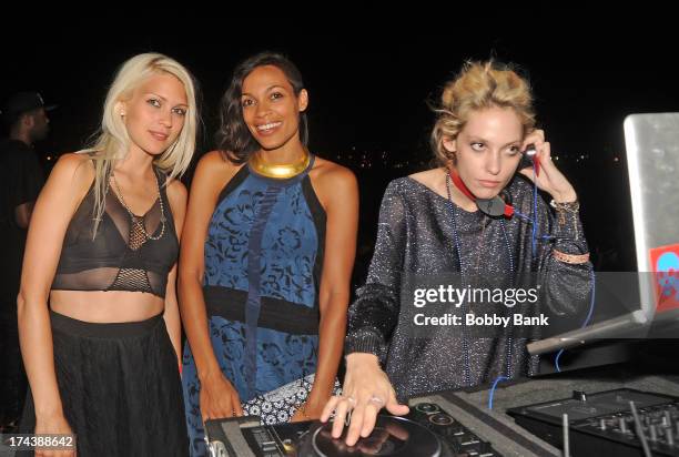 Fashion designer Katie Gallagher,actress Rosario Dawson and DJ Cory Kennedy attend the grand opening of Watermark Bar on July 24, 2013 in New York...