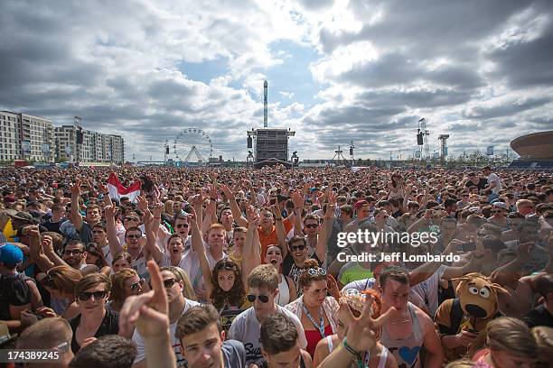 The united crowd at the Electric Daisy Carnival: London 2013 at Queen Elizabeth Olympic Park on July 20, 2013 in London, England.