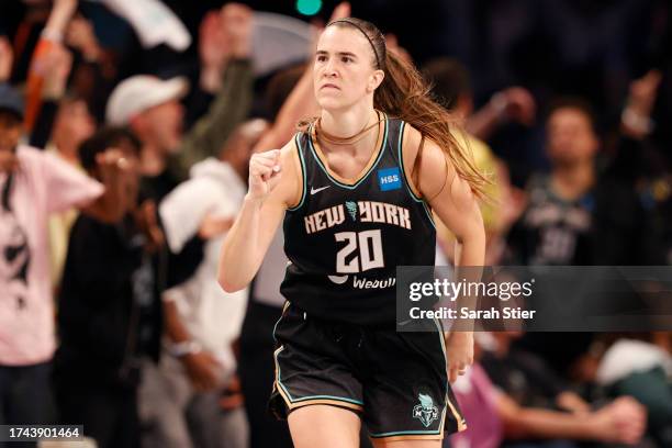 Sabrina Ionescu of the New York Liberty reacts in the fourth quarter against the Las Vegas Aces during Game Four of the 2023 WNBA Finals at Barclays...