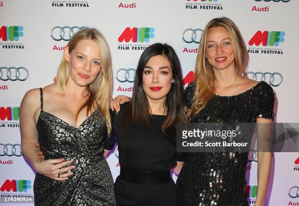 Katherine Hicks, Melanie Vallejo and Zoe Tuckwell-Smith from Winners & Losers arrive at the Australian premiere of "I'm So Excited" on opening night...
