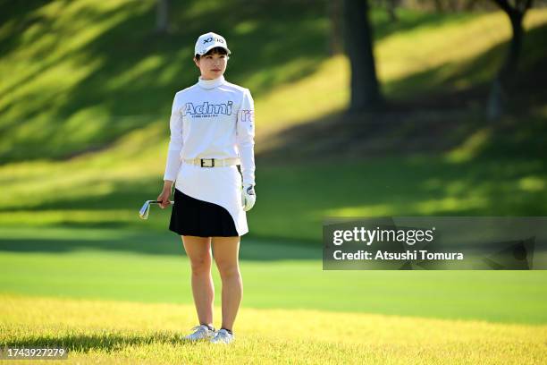 Amiyu Ozeki of Japan reacts after her second shot on the 18th hole during the first round of NOBUTA Group Masters GC Ladies at Masters Golf Club on...