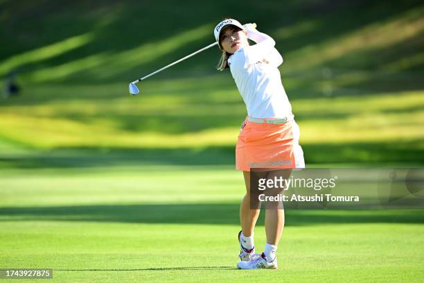Mizuki Ooide of Japan hits her second shot on the 18th hole during the first round of NOBUTA Group Masters GC Ladies at Masters Golf Club on October...