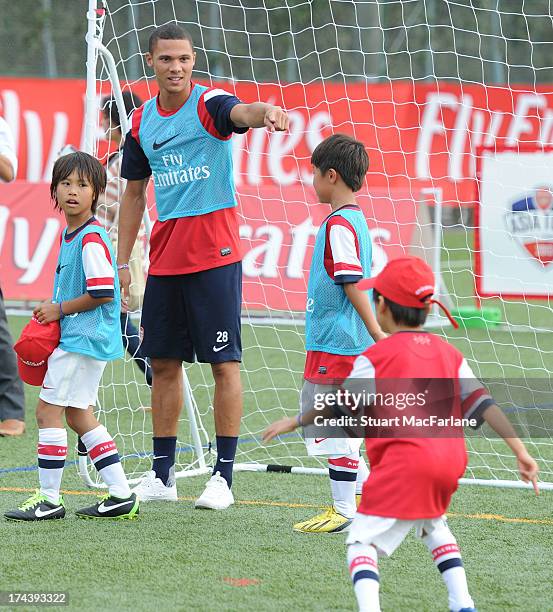 Arsenal's Kieran Gibbs attends an Emirates Soccer Clinic in Saitama during the club's pre-season Asian tour on July 25, 2013 in Saitama, Japan.