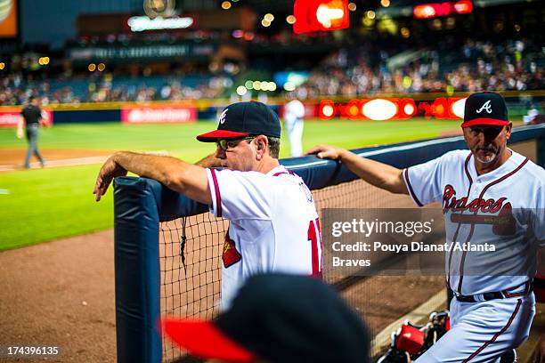 Carlos Tosca of the Atlanta Braves in the dugout against the Pittsburgh Pirates at Turner Field on June 3, 2013 in Atlanta, Georgia. The Braves won...