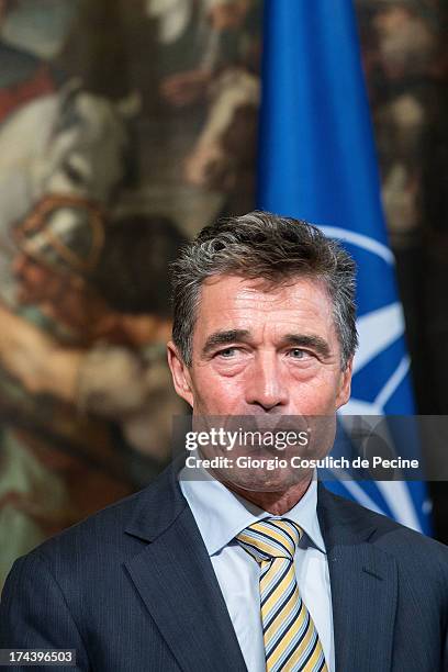 Secretary General of NATO Anders Fogh Rasmussen attends a press conference with Italian Prime Minister Enrico Letta at Palazzo Chigi on July 25, 2013...