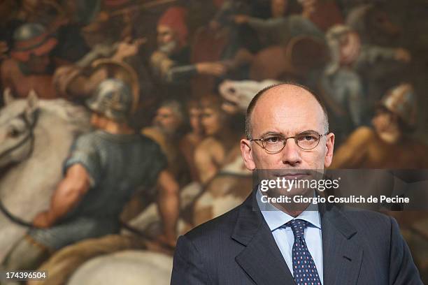 Italian Prime Minister Enrico Letta attends a press conference with Secretary General of NATO Anders Fogh Rasmussen at Palazzo Chigi on July 25, 2013...