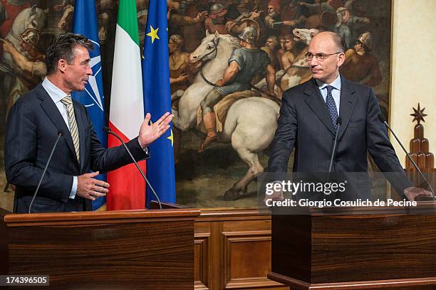 Secretary General of NATO Anders Fogh Rasmussen and Italian Prime Minister Enrico Letta attend a press conference at Palazzo Chigi on July 25, 2013...