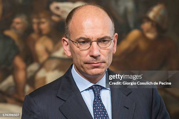 Italian Prime Minister Enrico Letta attends a press conference with Secretary General of NATO Anders Fogh Rasmussen at Palazzo Chigi on July 25, 2013...