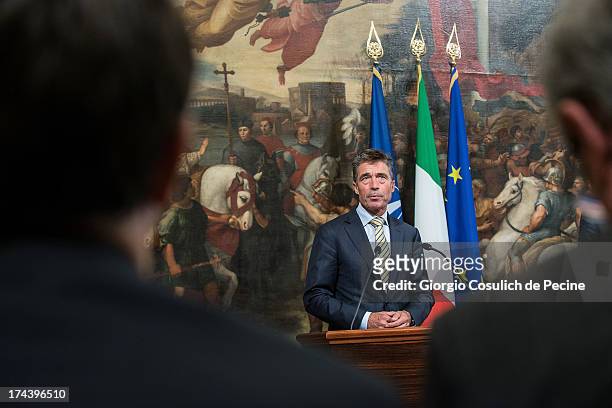 Secretary General of NATO Anders Fogh Rasmussen attends a press conference with Italian Prime Minister Enrico Letta at Palazzo Chigi on July 25, 2013...