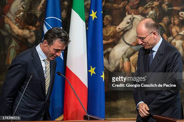 Secretary General of NATO Anders Fogh Rasmussen and Italian Prime Minister Enrico Letta attend a press conference at Palazzo Chigi on July 25, 2013...