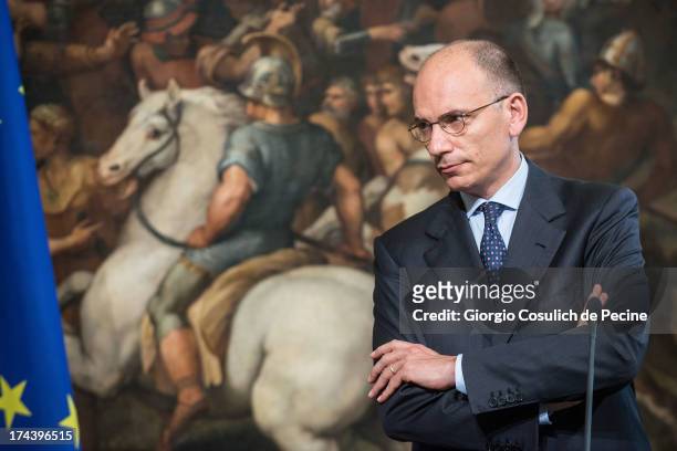 Italian Prime Minister Enrico Letta attends a press conference with Secretary General of NATO Anders Fogh Rasmussen at Palazzo Chigi on July 25, 2013...