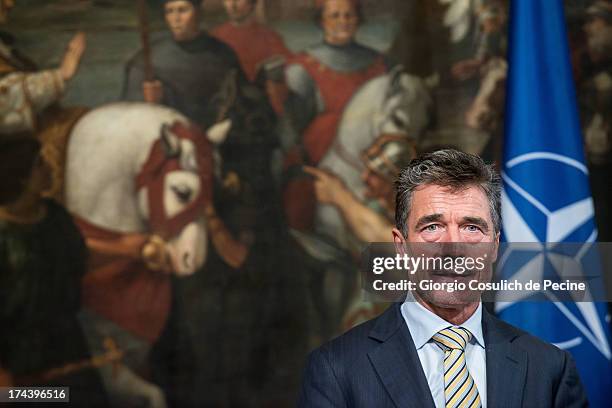 Secretary General of NATO Anders Fogh Rasmussen attends a press conference with Italian Prime Minister Enrico Letta at Palazzo Chigi on July 25, 2013...