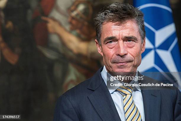 Secretary General of NATO Anders Fogh Rasmussen attends a press conference with Italian Prime Minister Enrico Letta at Palazzo Chigi on July 25, 2013...