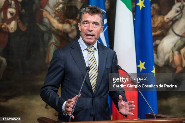 Secretary General of NATO Anders Fogh Rasmussen gestures as he attends a press conference with Italian Prime Minister Enrico Letta at Palazzo Chigi...