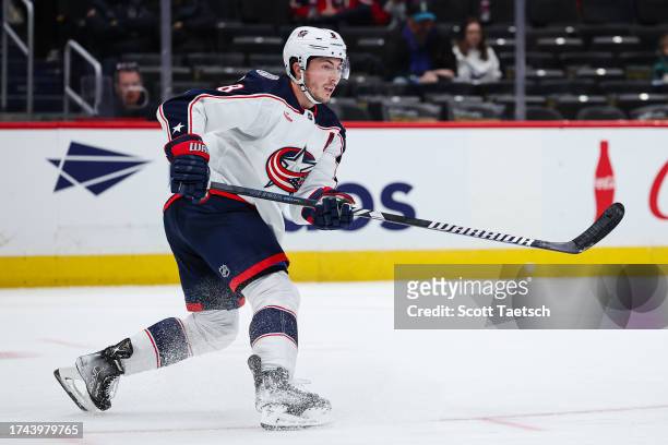 Zach Werenski of the Columbus Blue Jackets in action against the Washington Capitals during the second period of the NHL preseason game at Capital...