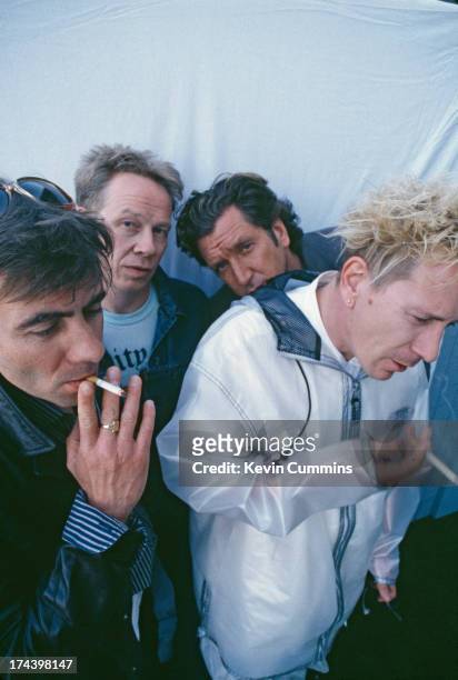 English punk group the Sex Pistols during their Filthy Lucre reunion tour, 1996. Left to right: bassist Glen Matlock, drummer Paul Cook, guitarist...