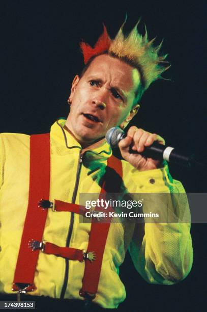 Singer John Lydon performing with English punk group the Sex Pistols during their Filthy Lucre reunion tour, 1996.