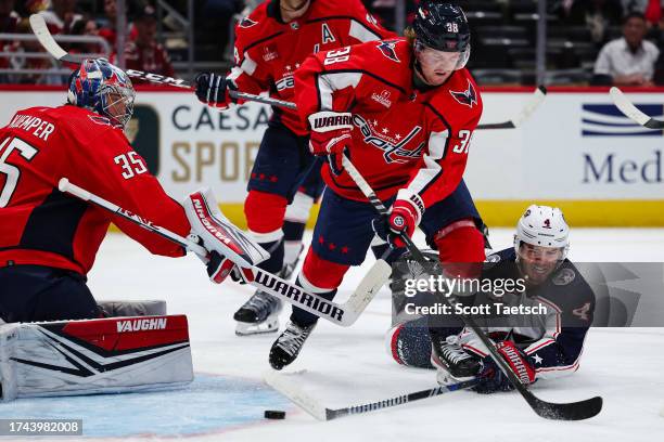 Cole Sillinger of the Columbus Blue Jackets scores a goal against Darcy Kuemper of the Washington Capitals during the third period of the NHL...