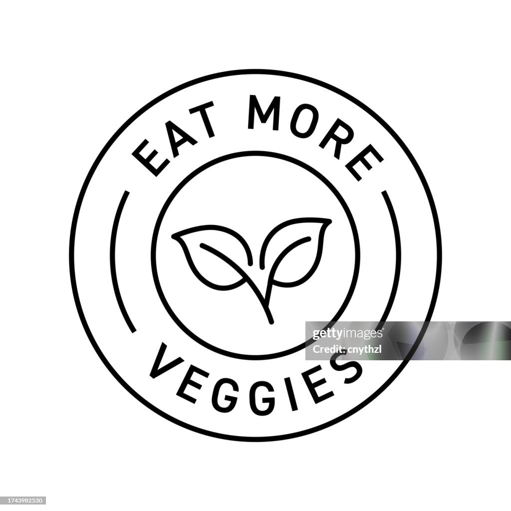 Coma mais veggies emblema ilustração vetorial. Design moderno de etiquetas.