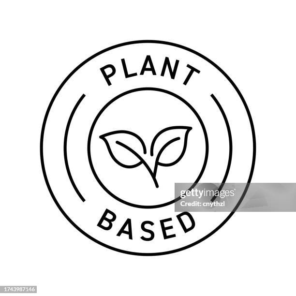 ilustraciones, imágenes clip art, dibujos animados e iconos de stock de ilustración vectorial de insignia a base de plantas. diseño moderno de etiquetas. - vegetarianismo
