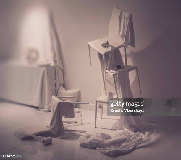 surreal  white messy artistic interior - weardale stock pictures, royalty-free photos & images