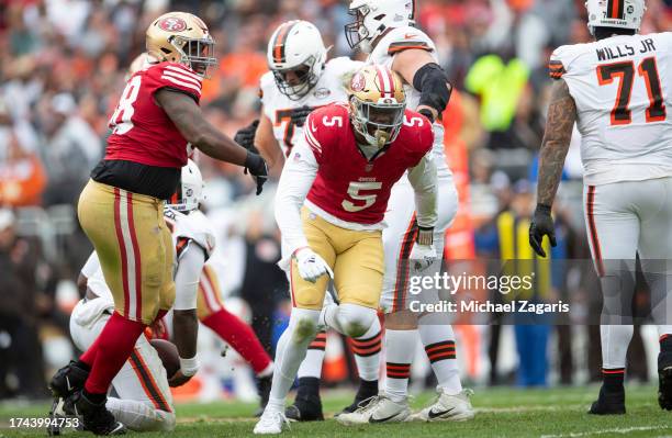 Randy Gregory of the San Francisco 49ers celebrates after sacking P.J. Walker of the Cleveland Browns during the game at Cleveland Browns Stadium on...