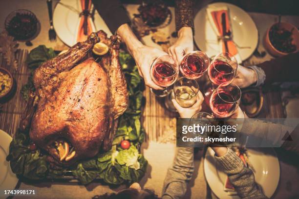 family's toast during thanksgiving lunch! - group from above stock pictures, royalty-free photos & images