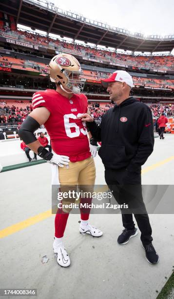 Nick Zakelj and Special Teams Coordinator Brian Schneider of the San Francisco 49ers before the game against the Cleveland Browns at Cleveland Browns...