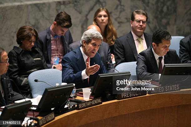 Secretary of State John Kerry presides over a meeting of the UN Security Council on July 25, 2013 in New York City. Kerry expressed American support...