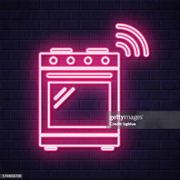 smart range. glowing neon icon on brick wall background - kitchen wall stock illustrations