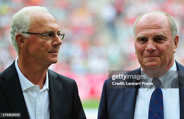 Uli Hoeness , president of FC Bayern Muenchen and Franz Beckenbauer, former president look on before the Uli Hoeness Cup match between FC Bayern...