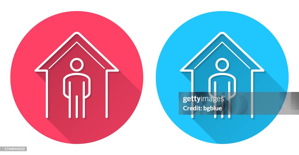 Stay at home. Round icon with long shadow on red or blue background
