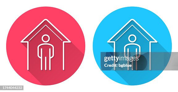 Stay at home. Round icon with long shadow on red or blue background Stay at home. Round icon with long shadow on red or blue background