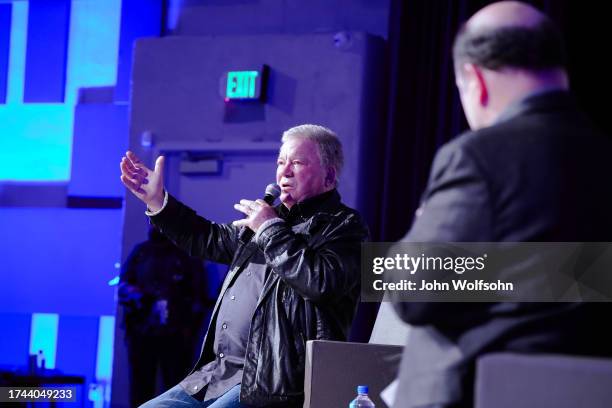 William Shatner speaks during the Q&A on the new documentary "William Shatner: You Can Call Me Bill" at The New Port Theater on October 18, 2023 in...