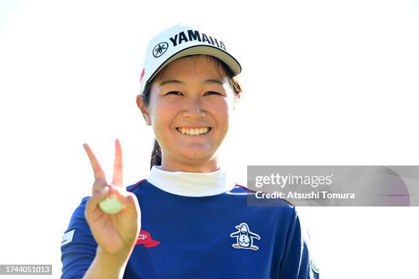 Sora Kamiya of Japan poses on the 15th green during the first round of NOBUTA Group Masters GC Ladies at Masters Golf Club on October 19, 2023 in...