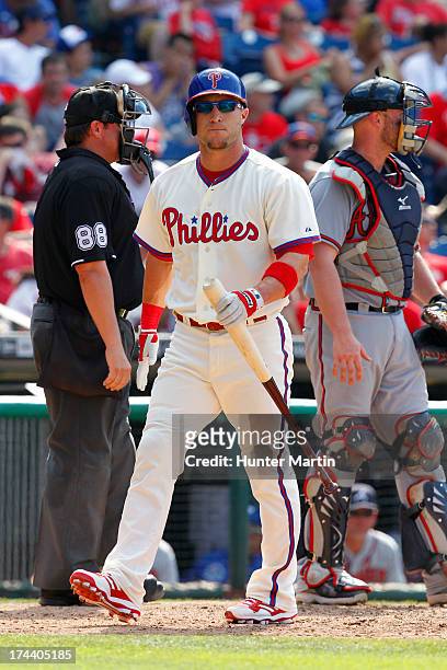 Laynce Nix of the Philadelphia Phillies during a game against the Atlanta Braves at Citizens Bank Park on July 7, 2013 in Philadelphia, Pennsylvania....