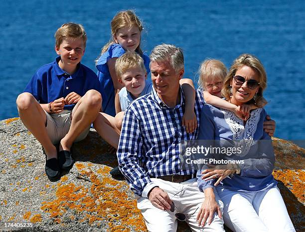 Princess Elizabeth, Queen Mathilde, Princess Eleonore, Prince Gabriel, King Philippe and Prince Emmanuel of Belgium pose during their holiday on...