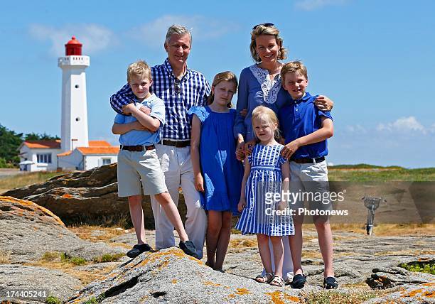 Princess Elizabeth, Queen Mathilde, Princess Eleonore, Prince Gabriel, King Philippe and Prince Emmanuel of Belgium pose during their holiday on...