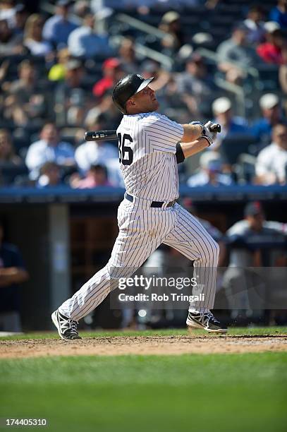 Kevin Youkilis of the New York Yankees bats during the game against the Cleveland Indians at Yankee Stadium on June 5, 2013 in the Bronx borough of...