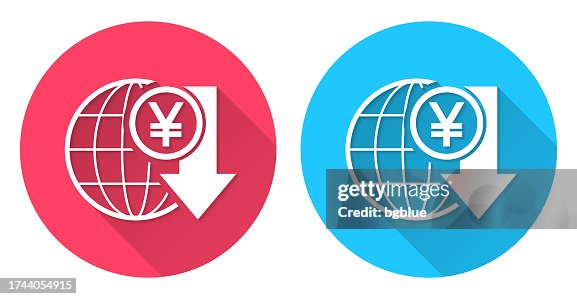 Yen rate decrease. Round icon with long shadow on red or blue background Yen rate decrease. Round icon with long shadow on red or blue background